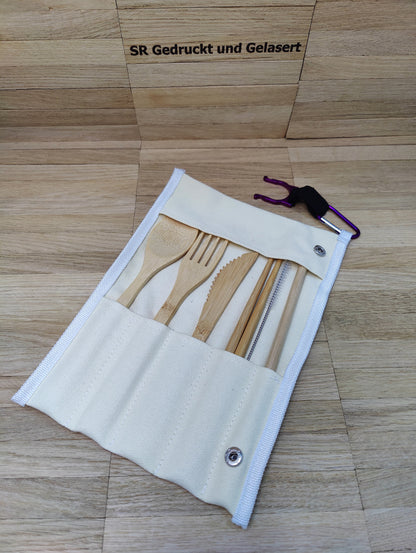 Reisebesteck Campingbesteck aus Bambus 8-teilig mit Stofftasche und Karabiner Wunschgravur individuelles Geschenk Geschenkidee Geschenk
