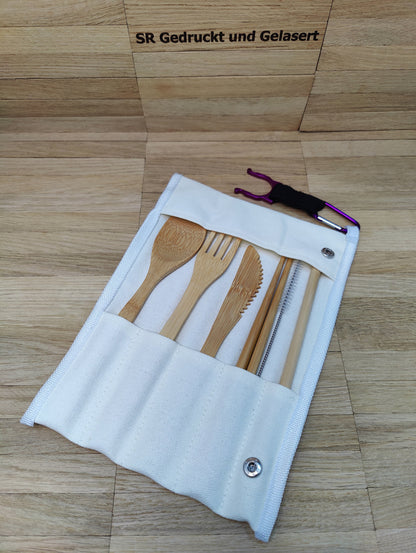 Reisebesteck Campingbesteck aus Bambus 8-teilig mit Stofftasche und Karabiner Wunschgravur individuelles Geschenk Geschenkidee Geschenk