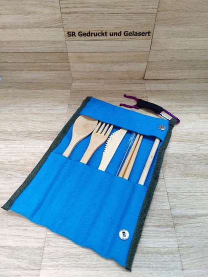 Reisebesteck Campingbesteck aus Bambus 8-teilig mit Stofftasche und Karabiner Wunschgravur individuelles Geschenk Geschenkidee Geschenk