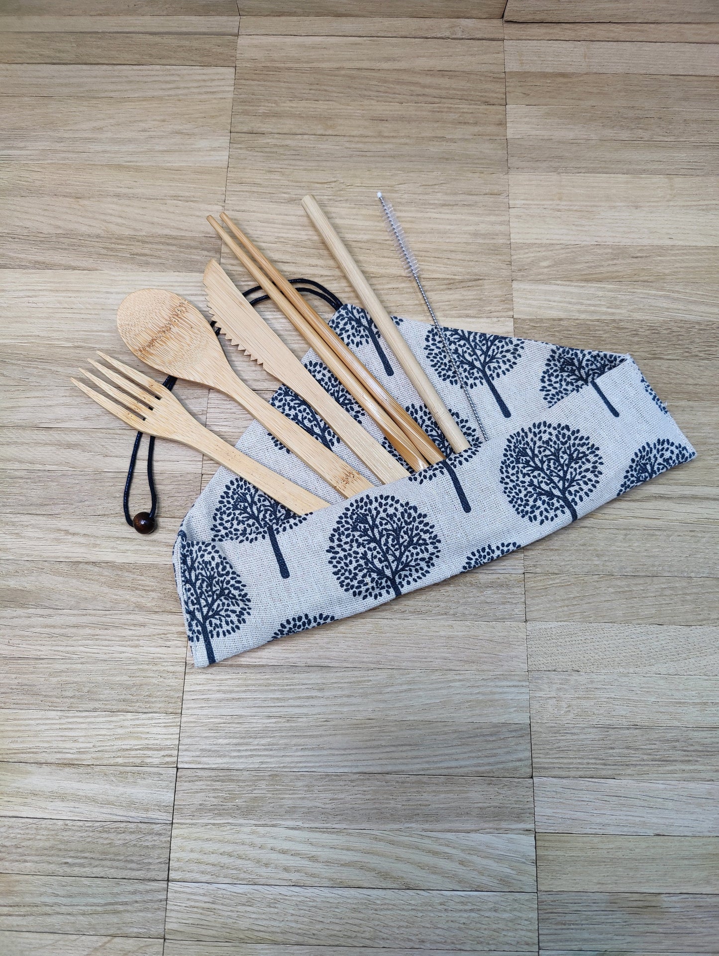 Reisebesteck Campingbesteck aus Bambus 8-teilig mit Stofftasche Wunschgravur individuelles Geschenk Geschenkidee  Geschenk