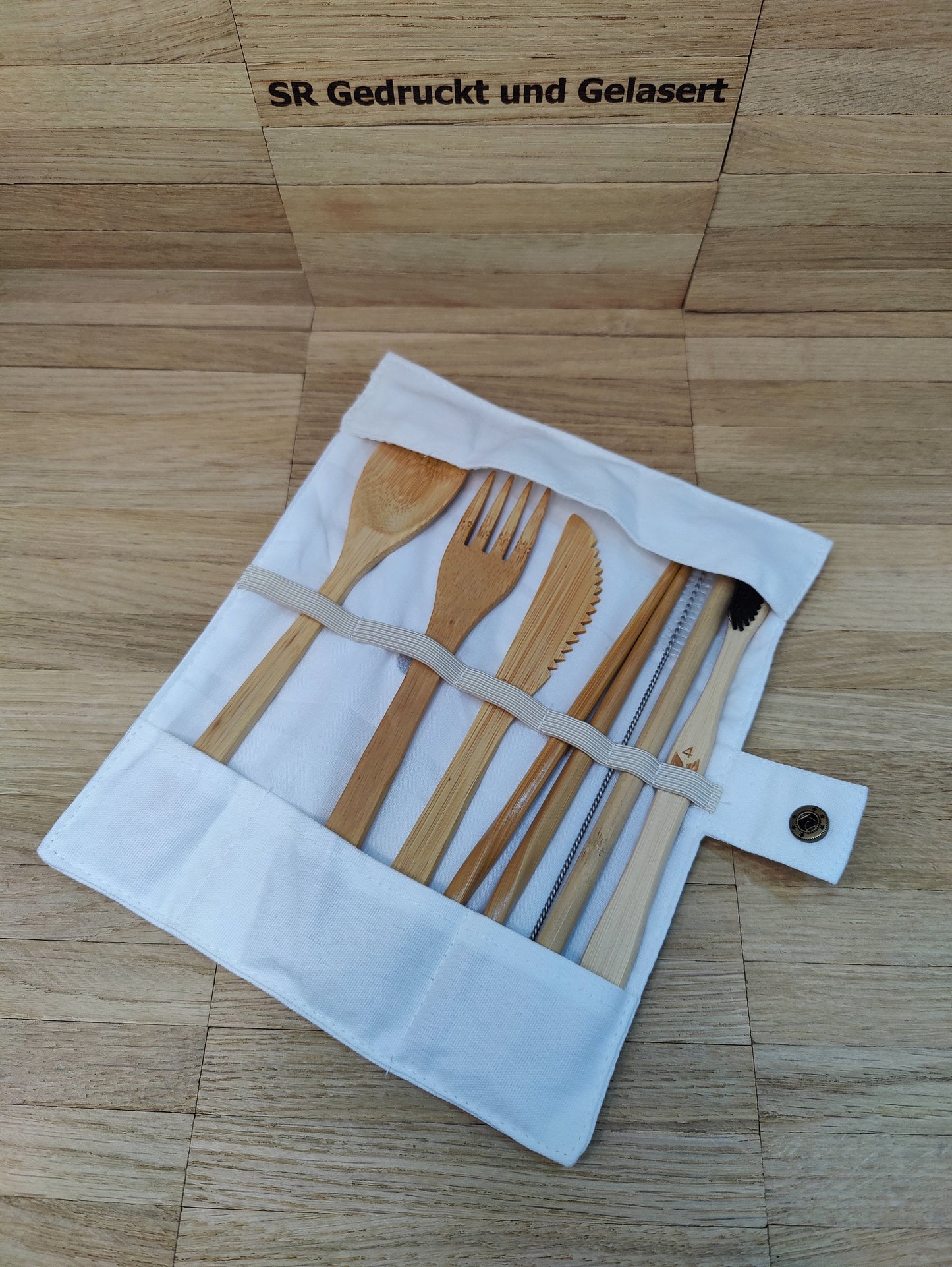 Reisebesteck Campingbesteck aus Bambus 9-teilig mit Stofftasche Zahnbürste mit Wunschgravur individuelles Geschenk Geschenkidee Geschenk