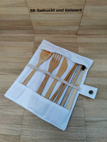 Reisebesteck Campingbesteck aus Bambus 9-teilig mit Stofftasche Zahnbürste mit Wunschgravur individuelles Geschenk Geschenkidee Geschenk