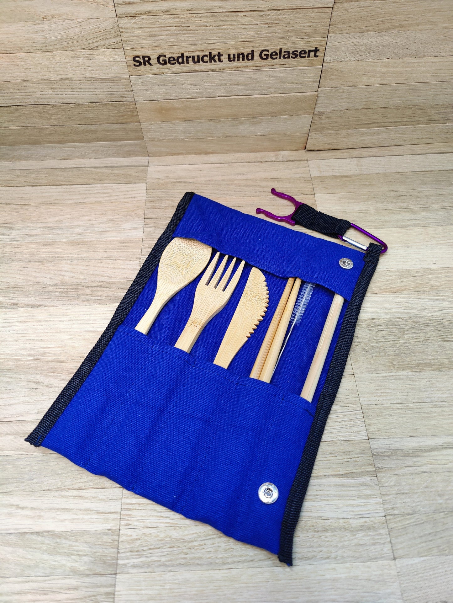 Reisebesteck Campingbesteck aus Bambus 8-teilig mit Stofftasche und Karabiner Wunschgravur individuelles Geschenk Geschenkidee Geschenk