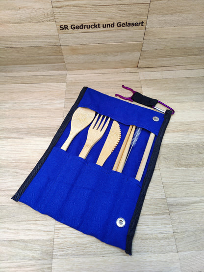 Reisebesteck Campingbesteck aus Bambus 8-teilig mit Stofftasche und Karabiner Wunschgravur individuelles Geschenk Geschenkidee Geschenk