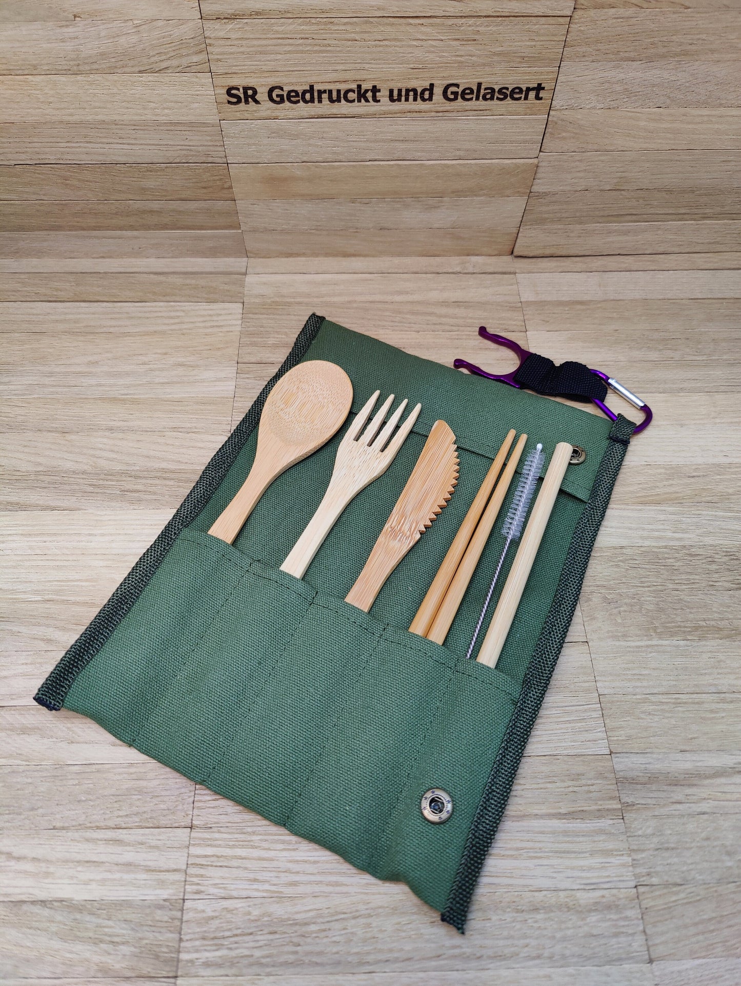 Reisebesteck Campingbesteck aus Bambus 8-teilig mit Stofftasche und Karabiner Wunschgravur individuelles Geschenk Geschenkidee Geschenk