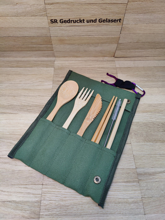 Reisebesteck Campingbesteck aus Bambus 8-teilig mit Stofftasche und Karabiner Wunschgravur individuelles Geschenk Geschenkidee Geschenk