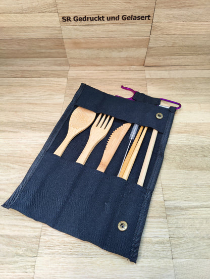 Reisebesteck Campingbesteck aus Bambus 8-teilig mit Stofftasche und Karabiner Wunschgravur individuelles Geschenk Geschenkidee Geschenk