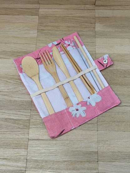 Reisebesteck Campingbesteck aus Bambus 8-teilig mit Stofftasche Wunschgravur individuelles Geschenk Geschenkidee  Geschenk