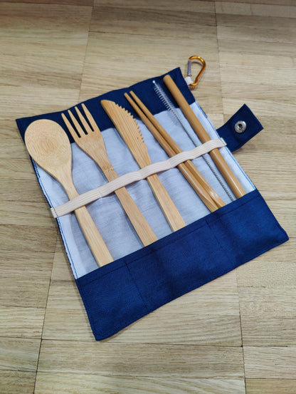 Reisebesteck Campingbesteck aus Bambus 8-teilig mit Stofftasche und Karabiner Wunschgravur individuelles Geschenk Geschenkidee Geschenk