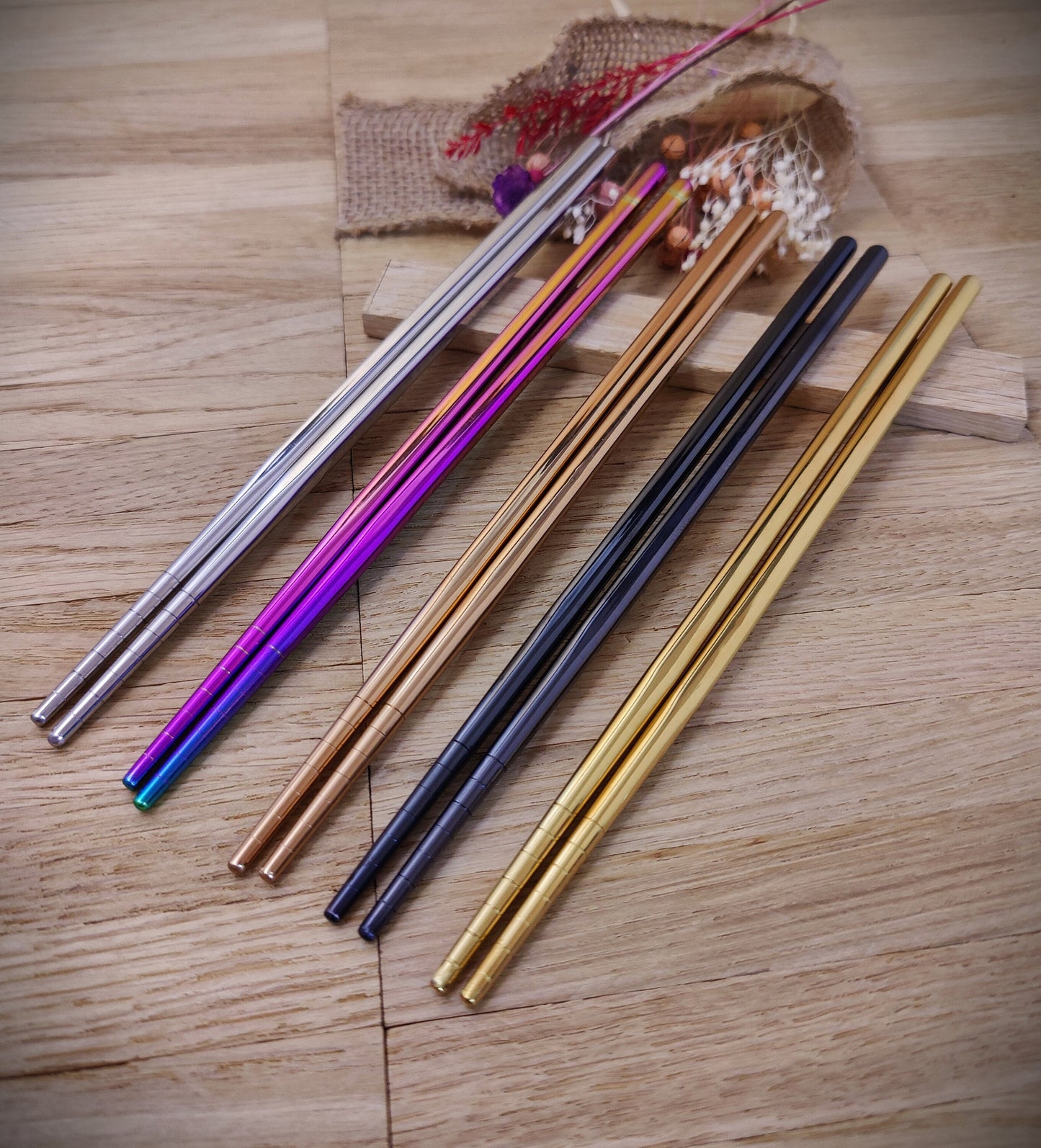 1 Paar Chopsticks 2 Stück Chinesische Stäbchen Edelstahl mit Gravur Wunschgravur 20,5 cm versch. Farben Geschenk