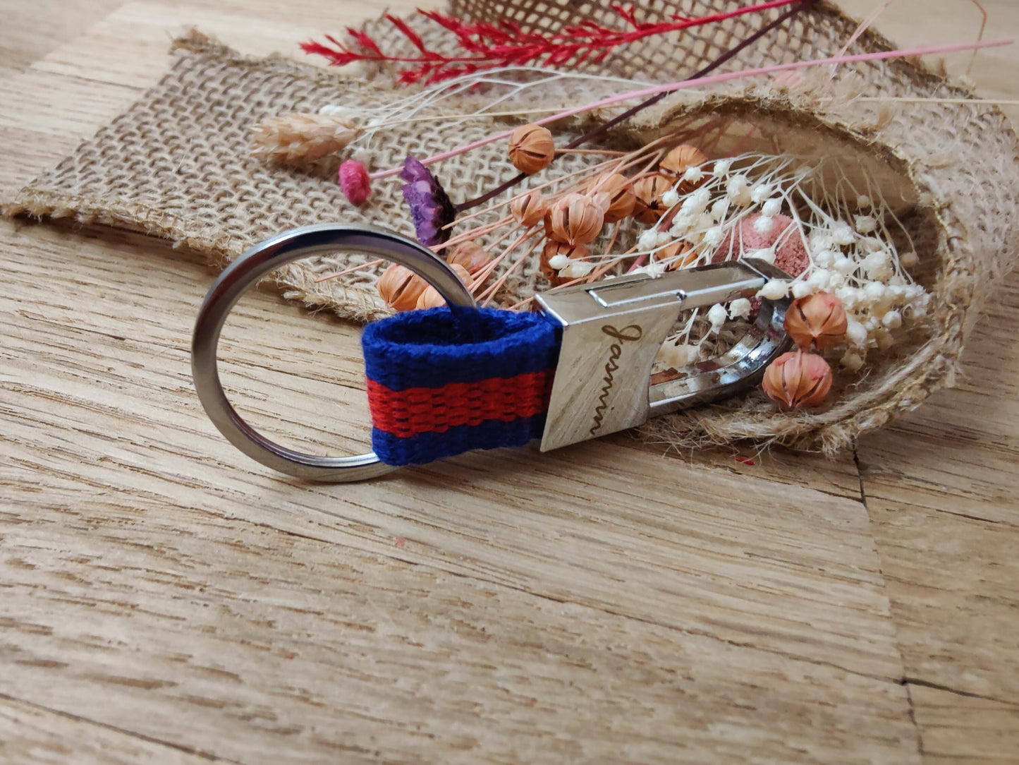 Schlüsselanhänger Karabiner rot/blau Stoff mit individueller Gravur personalisiert Geschenk