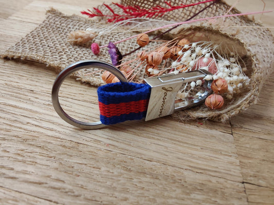 Schlüsselanhänger Karabiner rot/blau Stoff mit individueller Gravur personalisiert Geschenk
