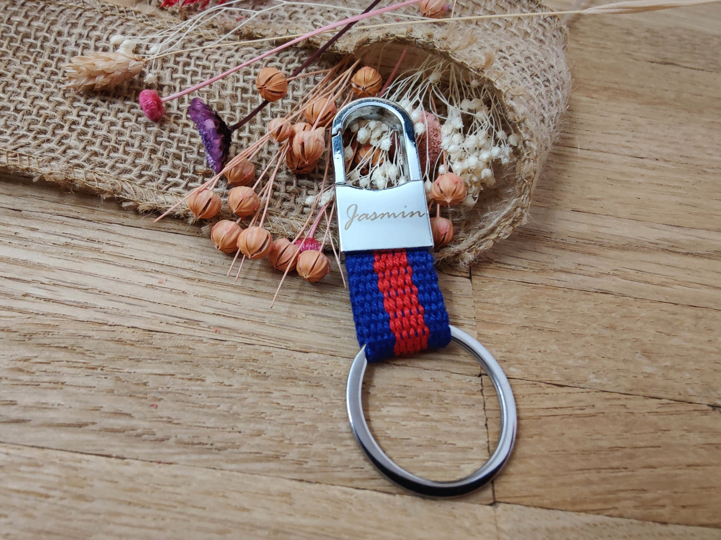 Schlüsselanhänger Karabiner rot/blau Stoff mit individueller Gravur personalisiert Geschenk