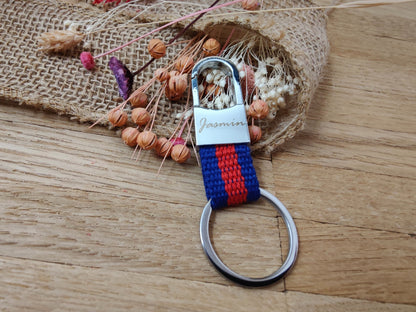 Schlüsselanhänger Karabiner rot/blau Stoff mit individueller Gravur personalisiert Geschenk
