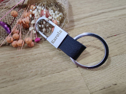 Schlüsselanhänger Karabiner schwarz Kunstleder mit individueller Gravur personalisiert Geschenk