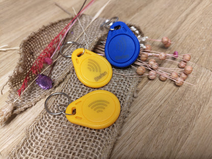 NFC Tag Chip Token Schlüsselanhänger gelb/rot/blau mit individueller Gravur personalisiert
