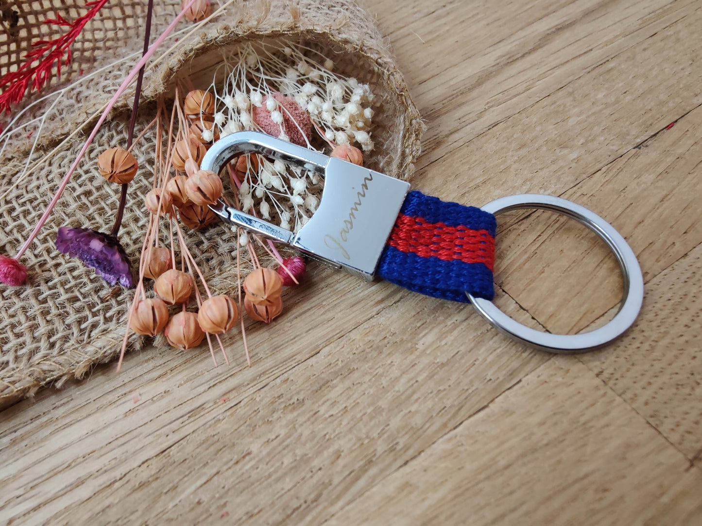 Schlüsselanhänger Karabiner rot/blau Stoff mit individueller Gravur personalisiert Geschenk