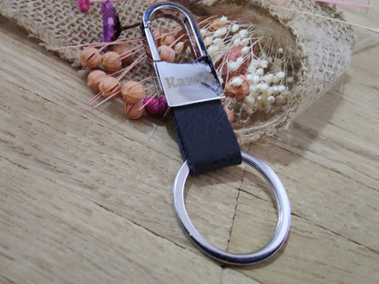 Schlüsselanhänger Karabiner schwarz Kunstleder mit individueller Gravur personalisiert Geschenk