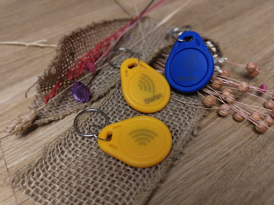 NFC Tag Chip Token Schlüsselanhänger gelb/rot/blau mit individueller Gravur personalisiert