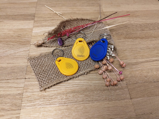 NFC Tag Chip Token Schlüsselanhänger gelb/rot/blau mit individueller Gravur personalisiert