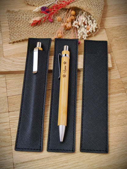 Kugelschreiber personalisiert aus Bambus mit Samtetui mit Kordel individueller Gravur Holzkugelschreiber Holz Gastgeschenk Geschenk