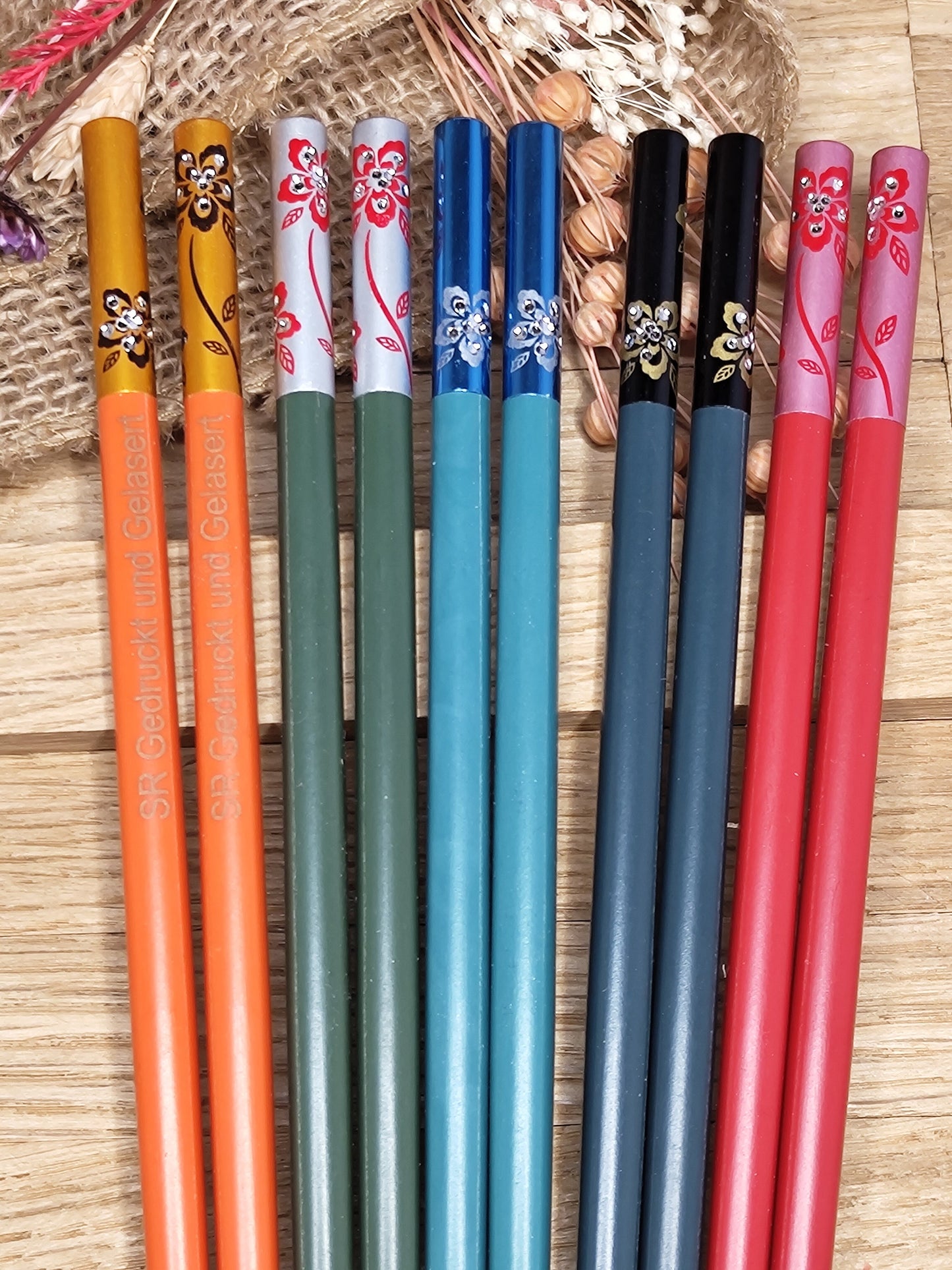 1 Paar Chopsticks Glasfaser mit Motiv 5 Farben zur Wahl Chinesische Stäbchen mit Wunschgravur 24 cm Geschenk