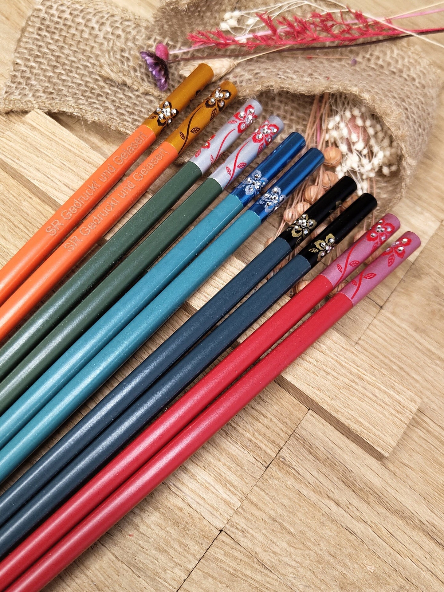 1 Paar Chopsticks Glasfaser mit Motiv 5 Farben zur Wahl Chinesische Stäbchen mit Wunschgravur 24 cm Geschenk