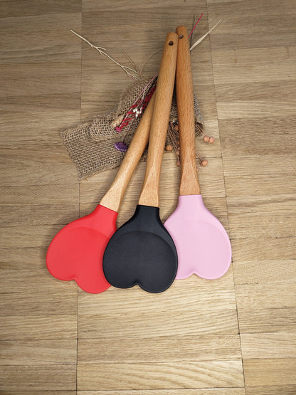 Teigschaber Silikonschaber Herz Silikonspatel 3 Farben zur Wahl  Holz backen, kochen ca. 27 cm lang mit Wunschgravur personalisiert Liebe