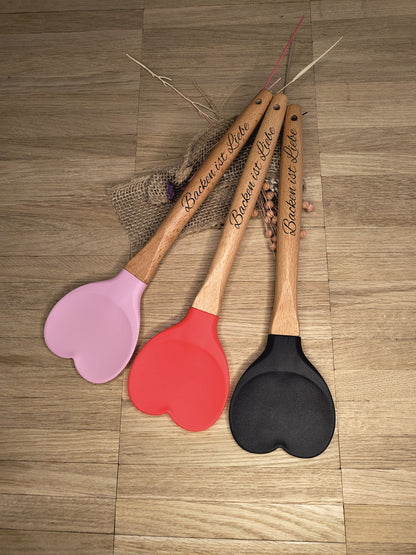 Teigschaber Silikonschaber Herz Silikonspatel 3 Farben zur Wahl  Holz backen, kochen ca. 27 cm lang mit Wunschgravur personalisiert Liebe