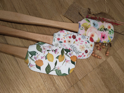 Teigschaber Silikonspatel XXXL personalisiert Holz Spatel  verschiedene Motive backen kochen grillen ca. 31 cm lang floral Zitrone Blumen