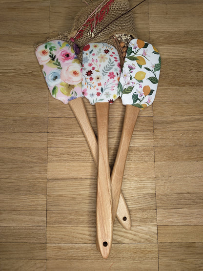 Teigschaber Silikonspatel XXXL personalisiert Holz Spatel  verschiedene Motive backen kochen grillen ca. 31 cm lang floral Zitrone Blumen