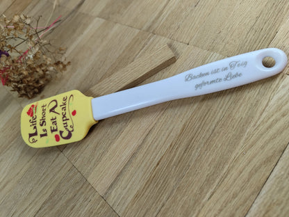 Teigschaber Silikonspatel Life is Short Eat a Cupcake gelb backen, kochen ca. 25 cm lang mit Wunschgravur personalisiert Geschenk
