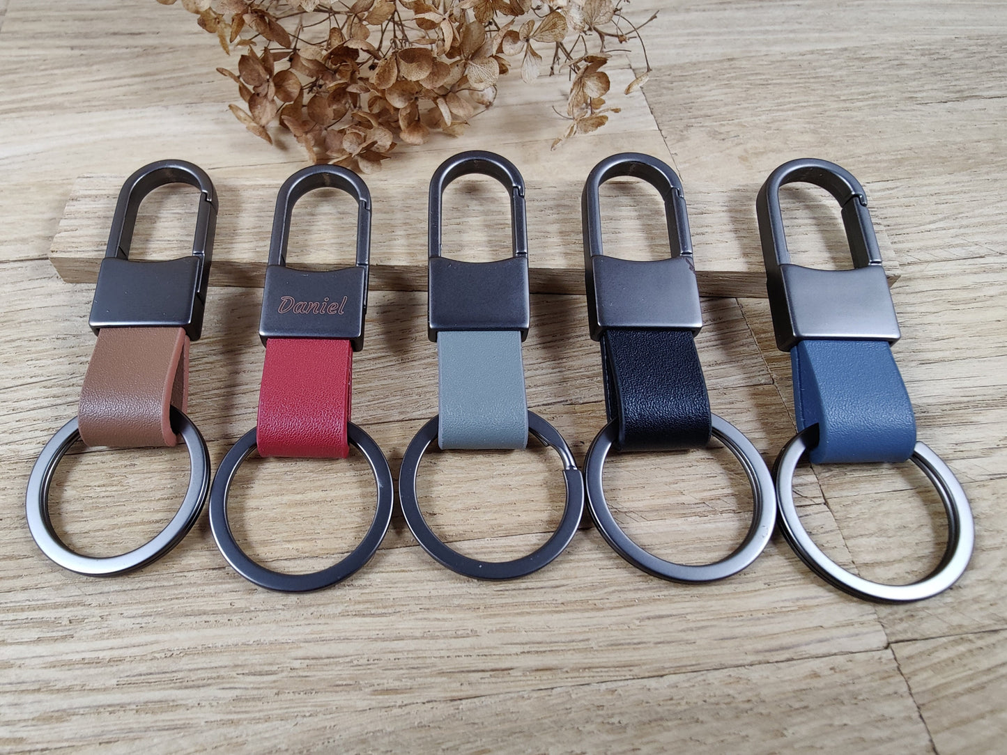 Schlüsselanhänger personalisiert Karabiner Kunstleder mit individueller Gravur 5 Farben zur Auswahl Geschenk