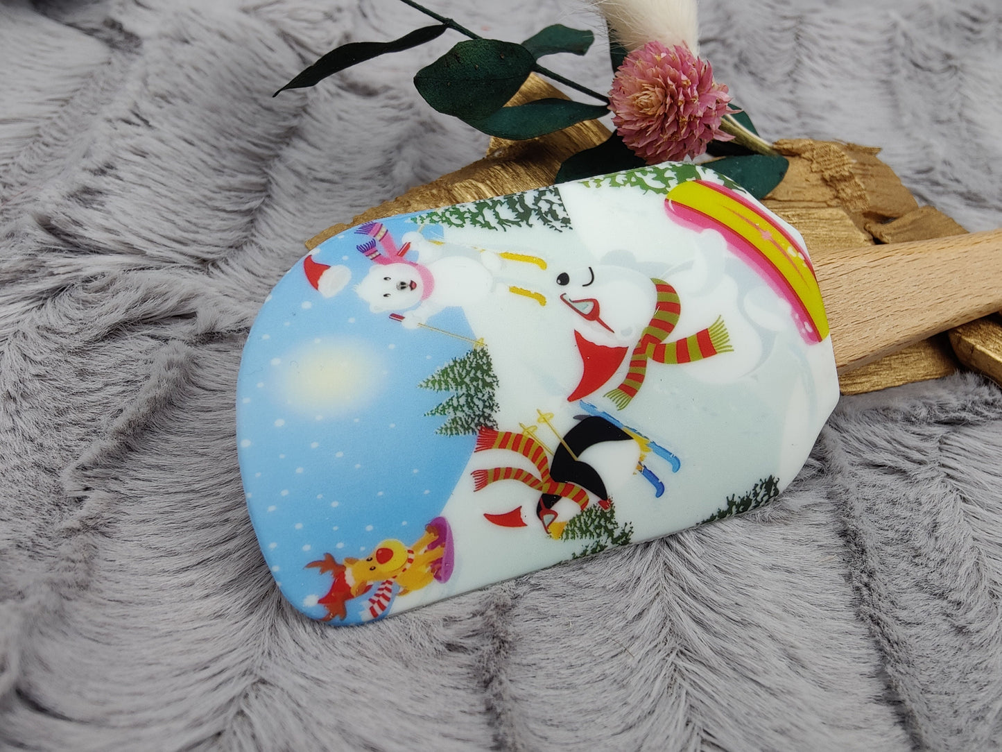 Silikonspatel personalisiert weiß Ski Pinguin Weihnachten Teigschaber backen, kochen ca. 25 cm lang mit Wunschgravur Geschenk