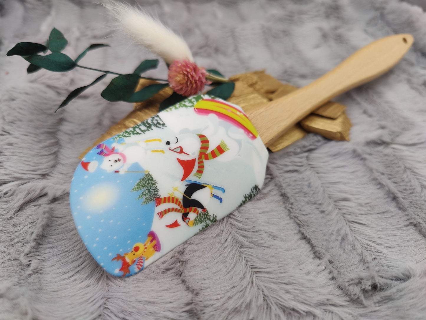 Silikonspatel personalisiert weiß Ski Pinguin Weihnachten Teigschaber backen, kochen ca. 25 cm lang mit Wunschgravur Geschenk