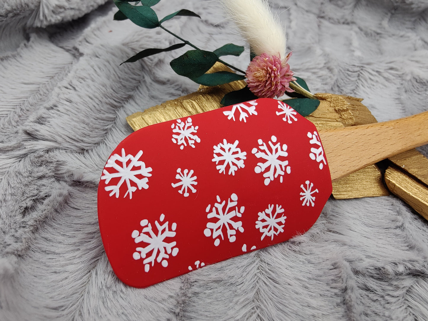 Silikonspatel personalisiert rot Schneeflocken Weihnachten Teigschaber backen, kochen ca. 25 cm lang mit Wunschgravur Geschenk