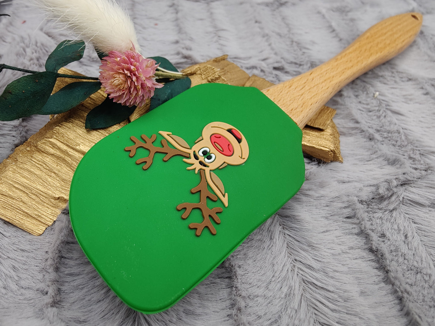 Silikonspatel personalisiert grün 3D Elch Weihnachten Teigschaber backen, kochen ca. 25 cm lang mit Wunschgravur Geschenk