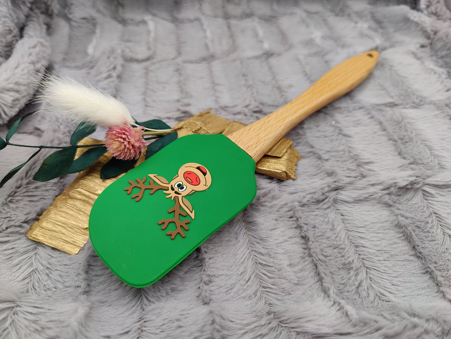 Silikonspatel personalisiert grün 3D Elch Weihnachten Teigschaber backen, kochen ca. 25 cm lang mit Wunschgravur Geschenk