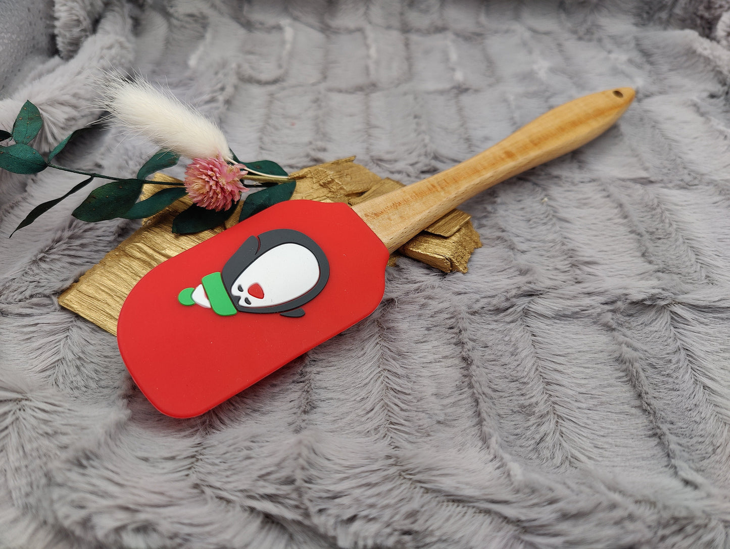Silikonspatel personalisiert rot 3D Pinguin Weihnachten Teigschaber backen, kochen ca. 25 cm lang mit Wunschgravur Geschenk