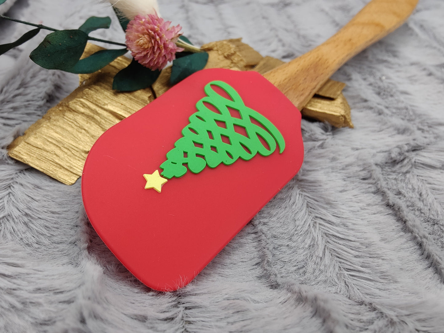 Silikonspatel personalisiert rot 3D Christbaum Weihnachten Teigschaber backen, kochen ca. 25 cm lang mit Wunschgravur Geschenk
