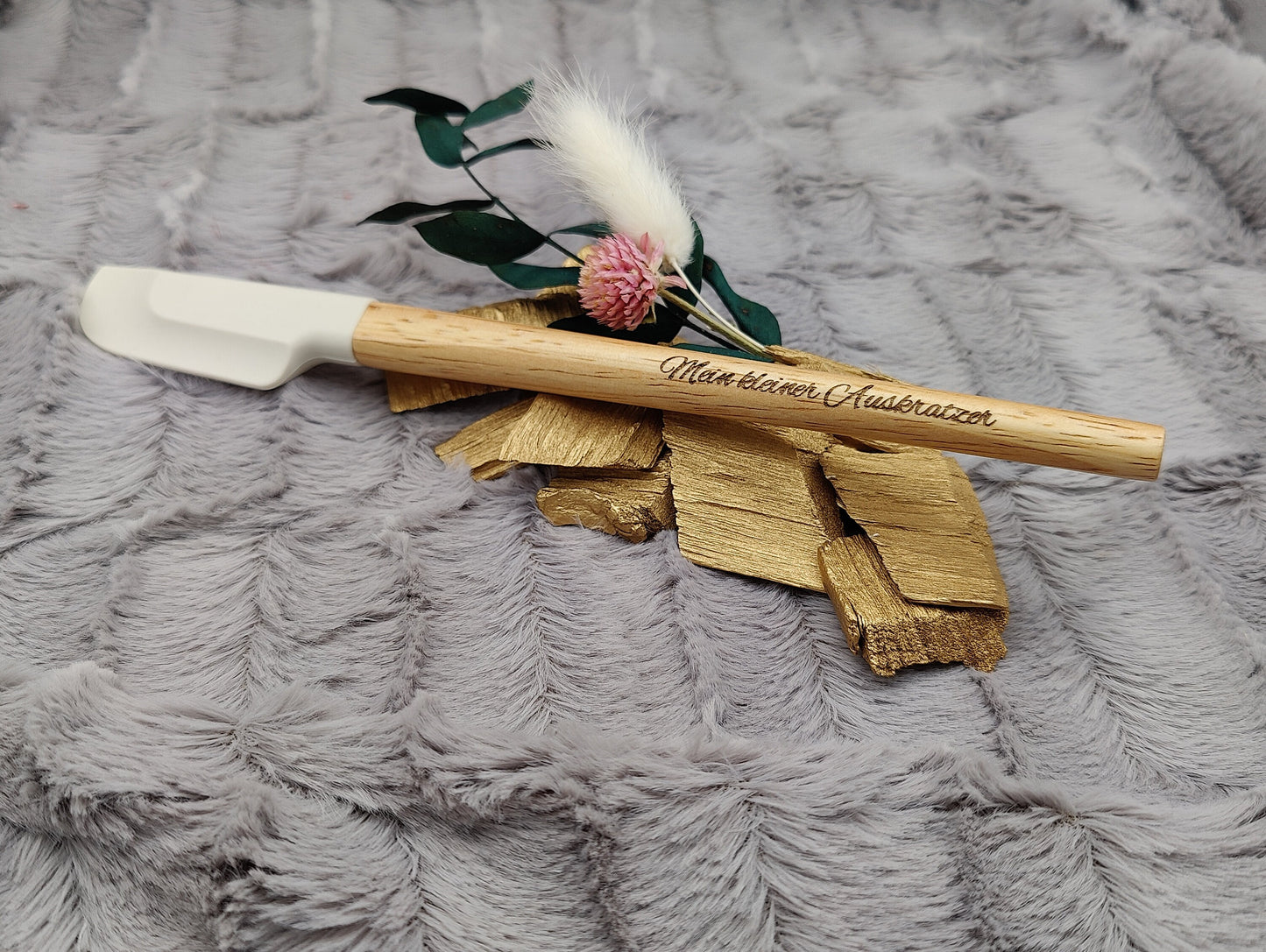 Teigschaber Silikonspatel personalisiert  Holz backen schmal cremeweiß ca. 23 x 2,5 cm mit Wunschgravur