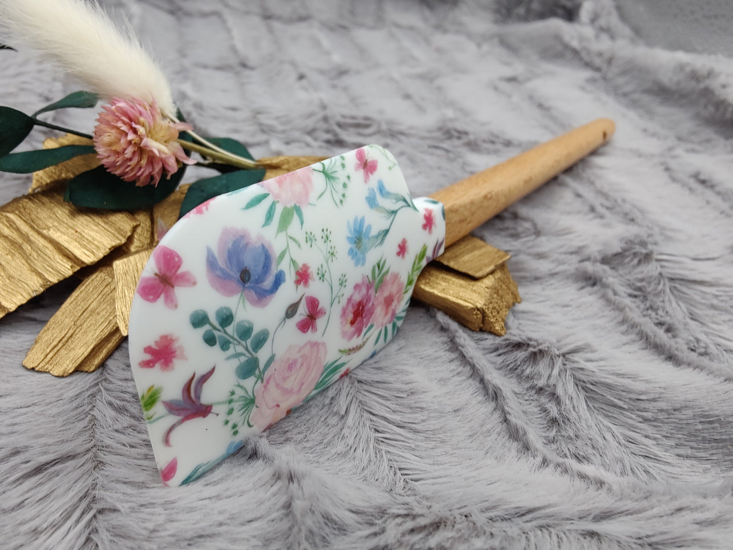 Teigschaber Silikonspatel weiß Blumenmuster floral  backen, kochen ca. 23 cm lang mit Wunschgravur personalisiert Geschenk