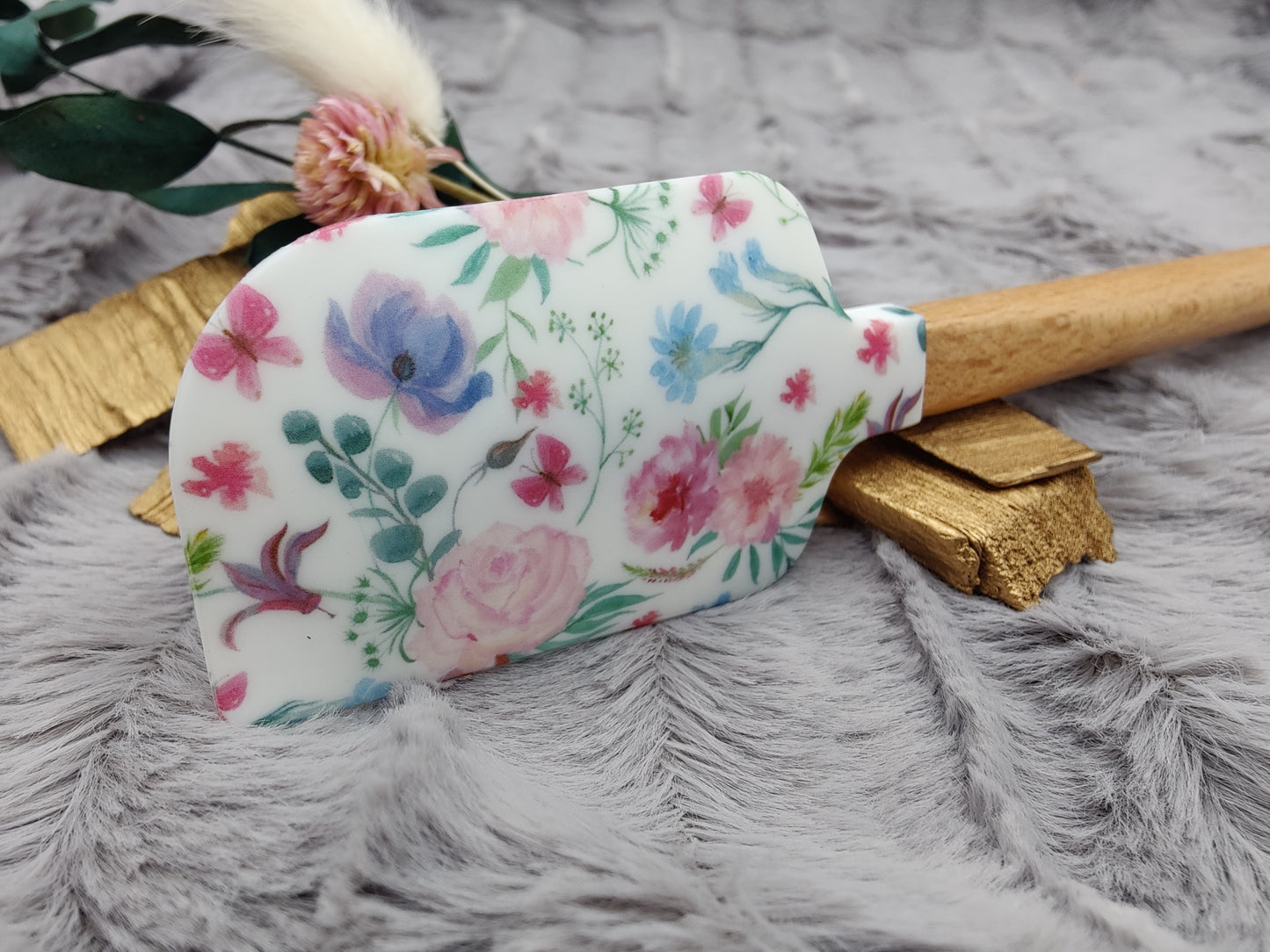 Teigschaber Silikonspatel weiß Blumenmuster floral  backen, kochen ca. 23 cm lang mit Wunschgravur personalisiert Geschenk