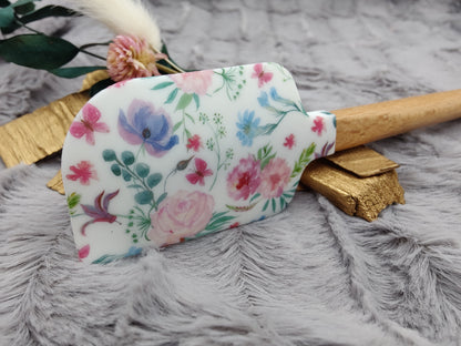 Teigschaber Silikonspatel weiß Blumenmuster floral  backen, kochen ca. 23 cm lang mit Wunschgravur personalisiert Geschenk