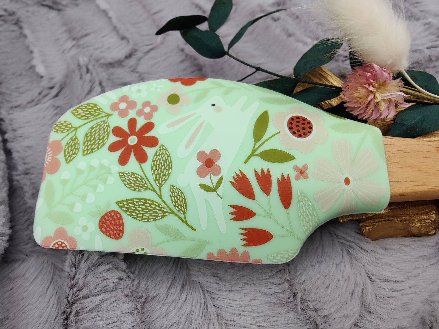 Teigschaber Silikonspatel XXXL mint mit Blumen Hase personalisiert Holz Spatel  backen kochen grillen ca. 31 cm lang