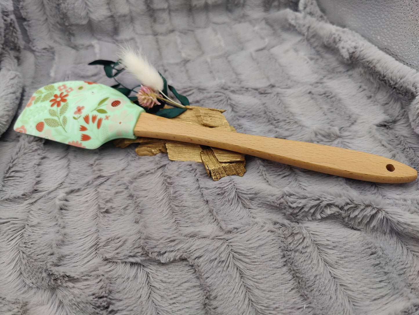Teigschaber Silikonspatel XXXL mint mit Blumen Hase personalisiert Holz Spatel  backen kochen grillen ca. 31 cm lang