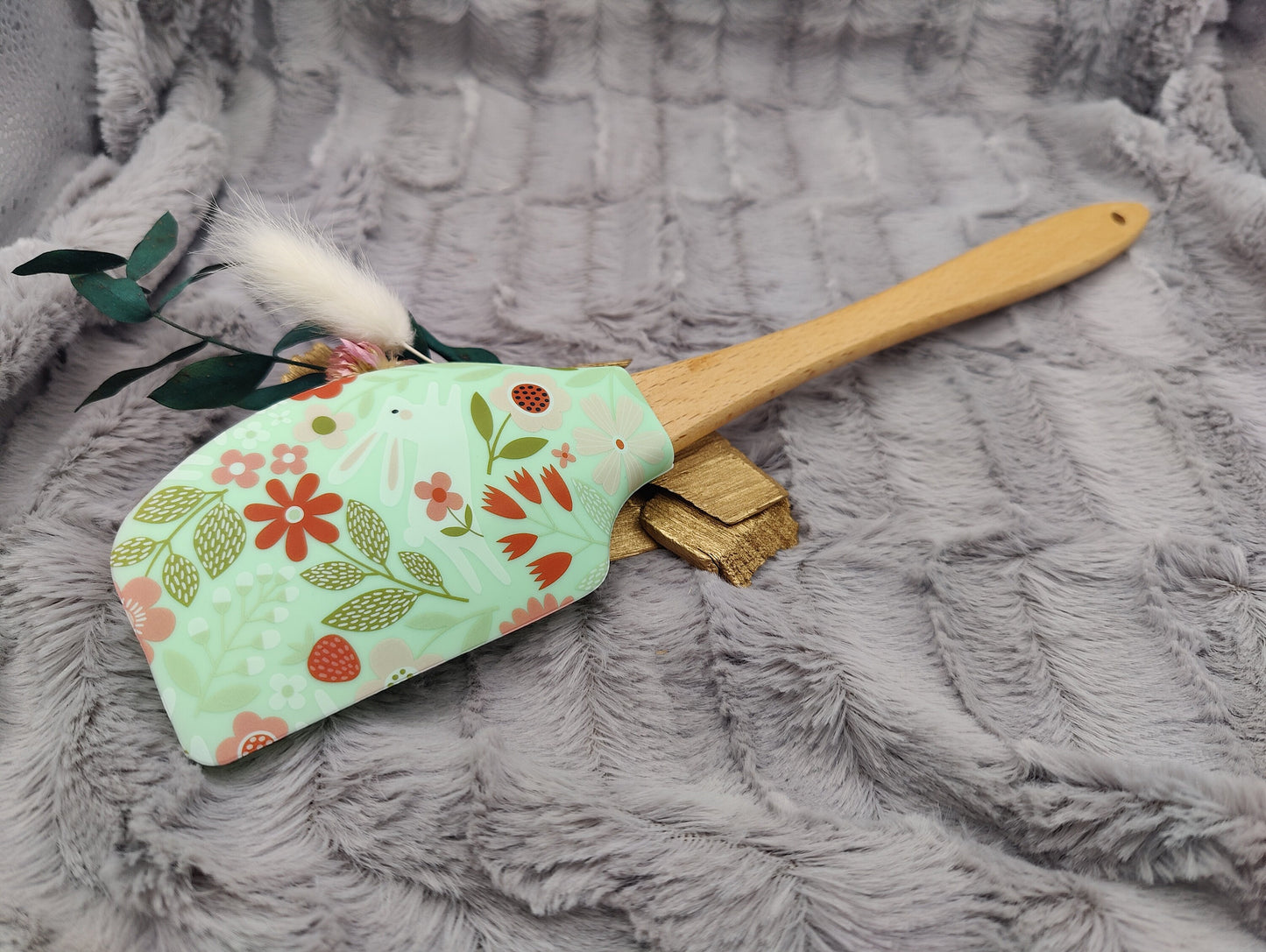 Teigschaber Silikonspatel XXXL mint mit Blumen Hase personalisiert Holz Spatel  backen kochen grillen ca. 31 cm lang