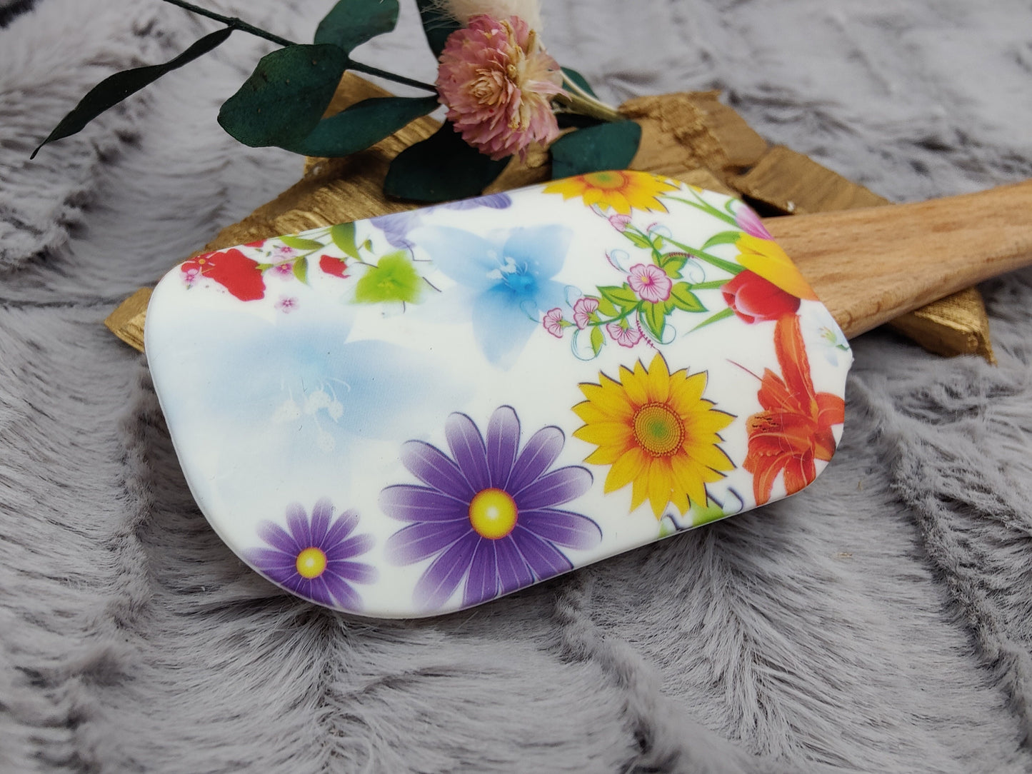 Teigschaber Silikonspatel buntes Blumenmuster  backen, kochen ca. 25 cm lang mit Wunschgravur personalisiert Geschenk