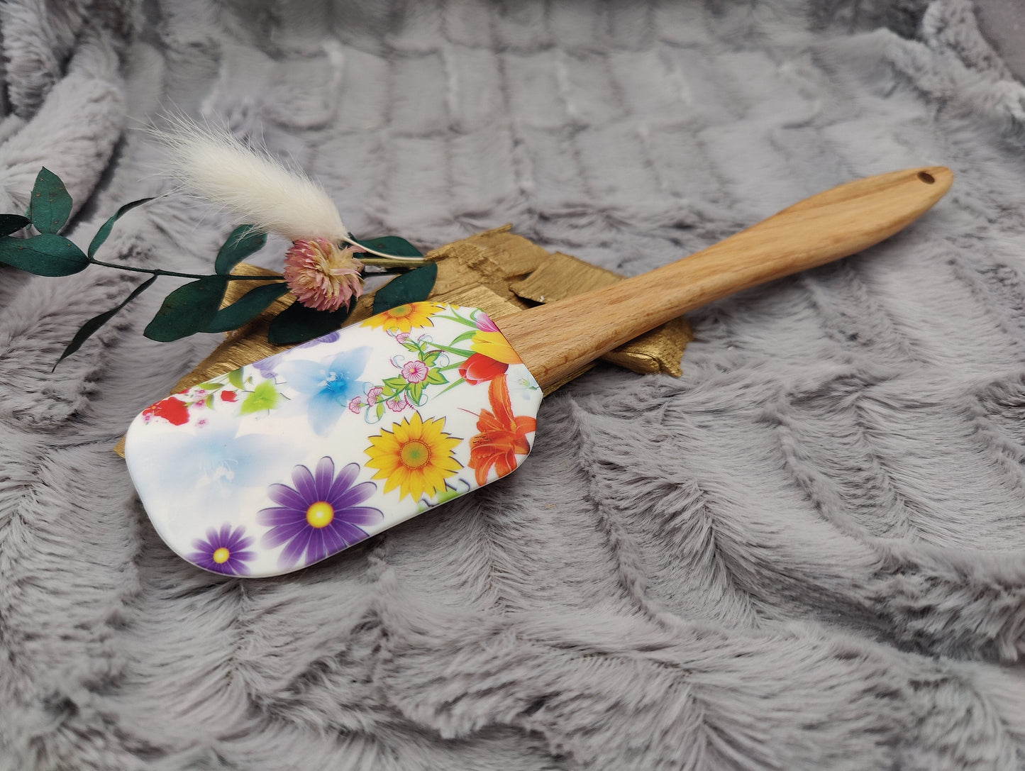 Teigschaber Silikonspatel buntes Blumenmuster  backen, kochen ca. 25 cm lang mit Wunschgravur personalisiert Geschenk