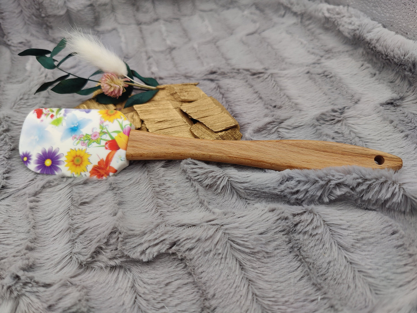 Teigschaber Silikonspatel buntes Blumenmuster  backen, kochen ca. 25 cm lang mit Wunschgravur personalisiert Geschenk